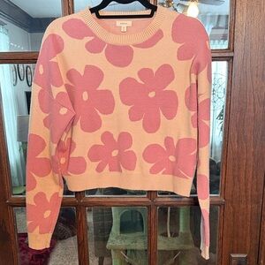 Debut Women Pink Floral Crew Neck Knit Sweater Cropped‎ Boxy Retro Size M